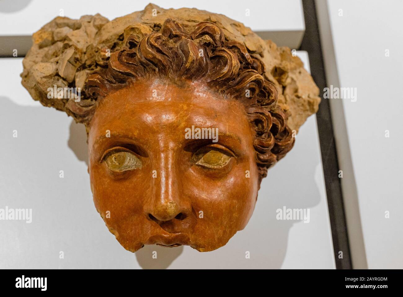 Museo Palatino, Museo Palatino, testa maschio in terracotta, manufatto fine IV sec. a.C., da Auguratorium del Colle Palatino, Roma, Italia Foto Stock