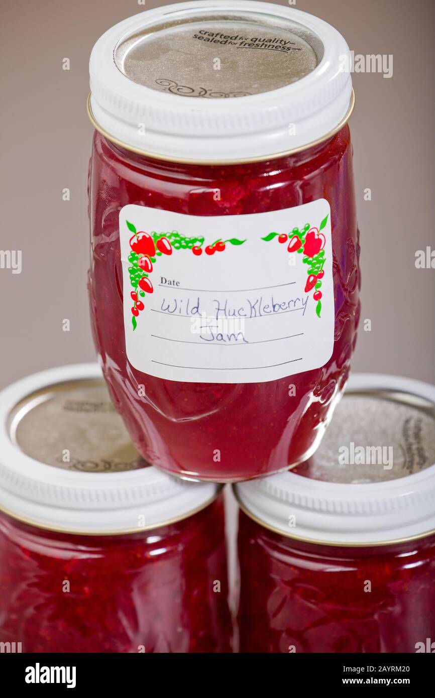 Tre vasetti di marmellata di mirtilli selvatici fatti in casa, uno accatastato sopra gli altri due, a base di mirtilli rossi Foto Stock