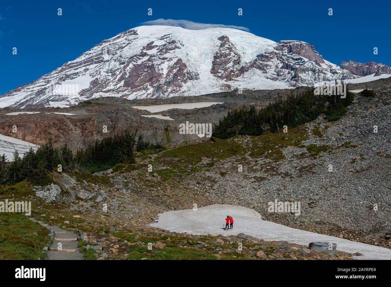 Vista dal Skyline Trail del Monte Rainier con gli escursionisti su un campo di neve in Mt. Rainier National Park nello stato di Washington, Stati Uniti. Foto Stock