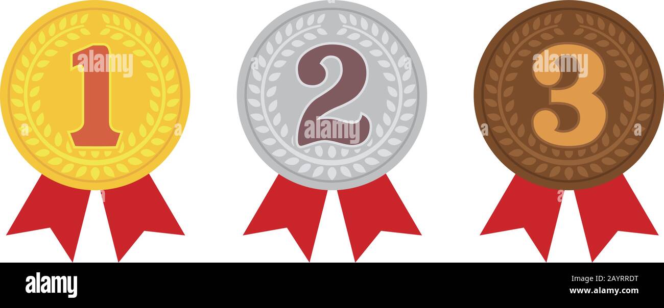set di illustrazioni della medaglia di classifica. da 1st posto a 3rd posto. 3 colori (oro/argento/bronzo) Illustrazione Vettoriale