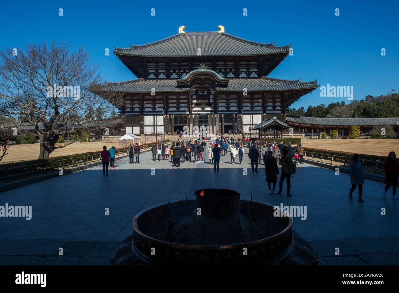 Vista della Sala del Grande Buddha (daibutsuden) del tempio Todai-ji (Tempio Grande Orientale), che è un complesso di templi buddisti e patrimonio dell'umanità dell'UNESCO Foto Stock