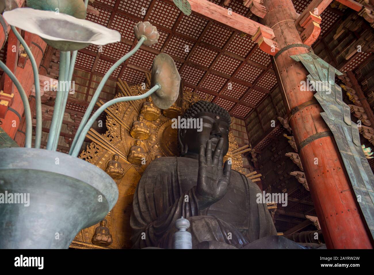 Il Grande Buddha (Daibutsu) nella Sala del Grande Buddha del Todai-ji (Tempio Grande Orientale), che è un complesso di templi buddisti situato nella città di Foto Stock