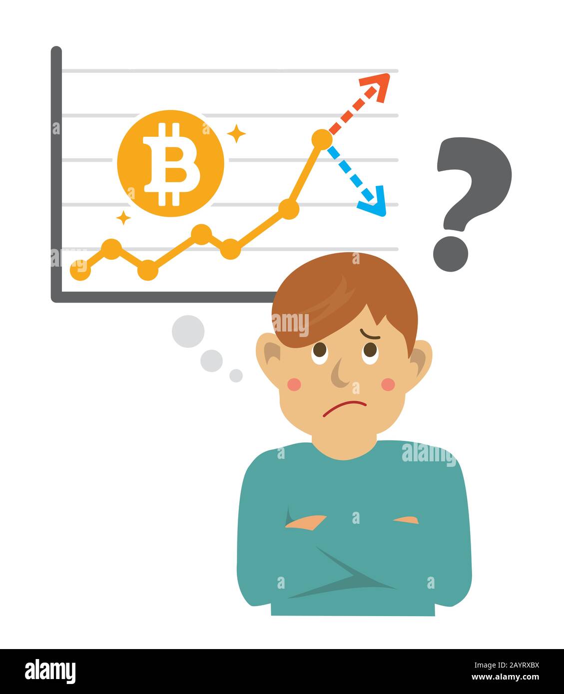 Un uomo che si chiede se il valore di bitcoin aumenterà o cadrà in futuro. Illustrazione Vettoriale