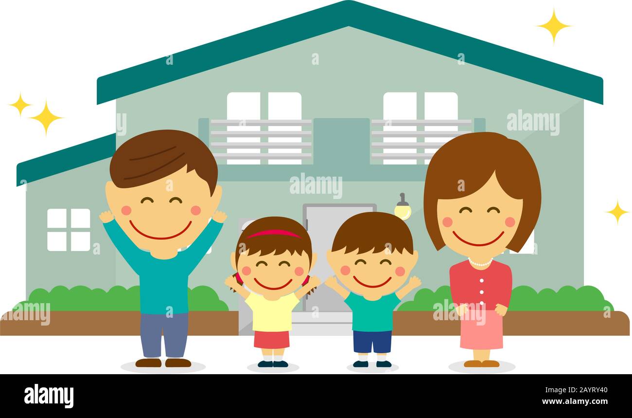 Happy Family (asian) e nuova casa. Appartamento vettore llustration (casa di nuova costruzione). Illustrazione Vettoriale