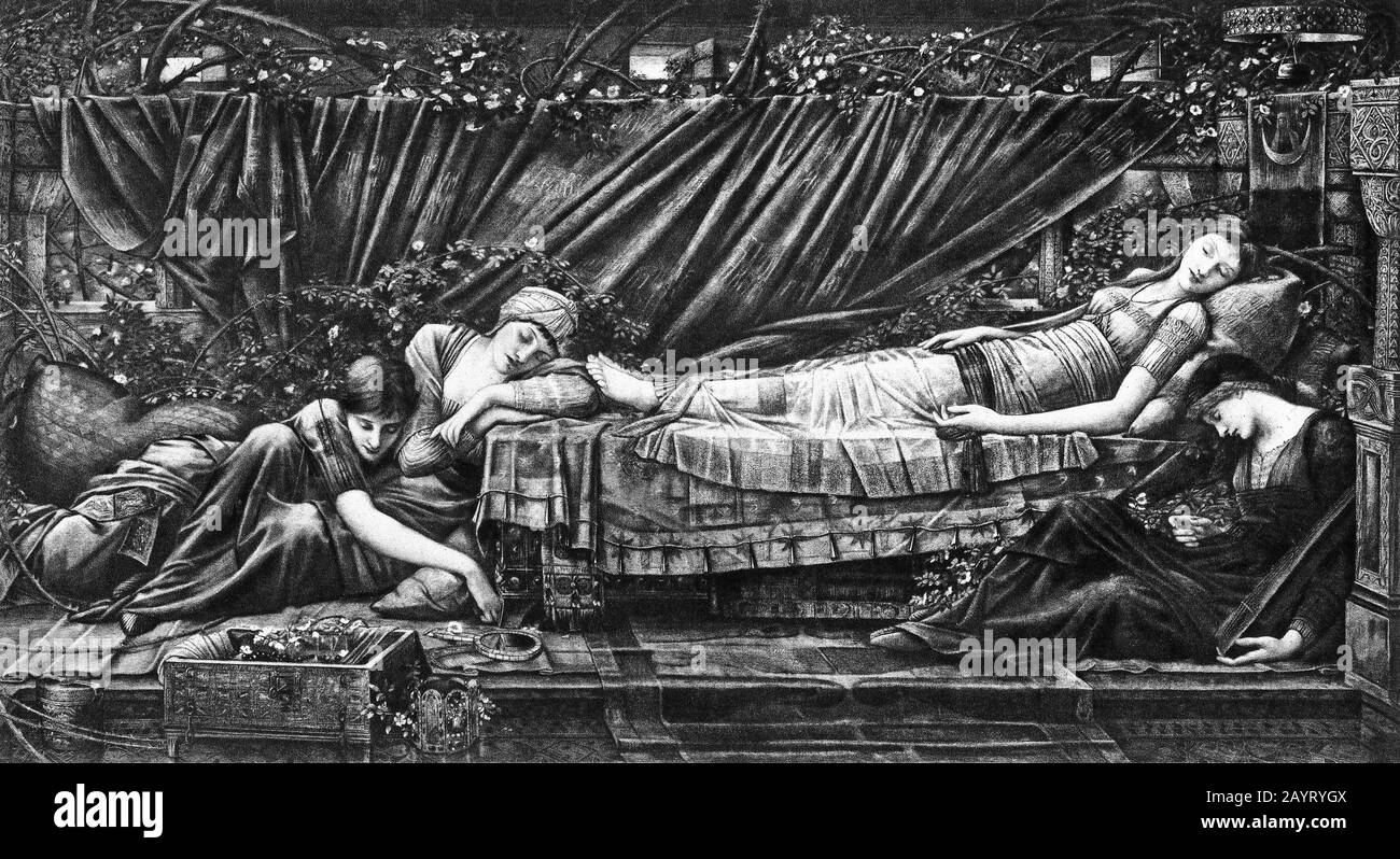 Illustrazione di "il roseto" di Sir Edward Burne-Jones, da una serie di poster scolastici utilizzati per studi sociali, c 1930 Foto Stock