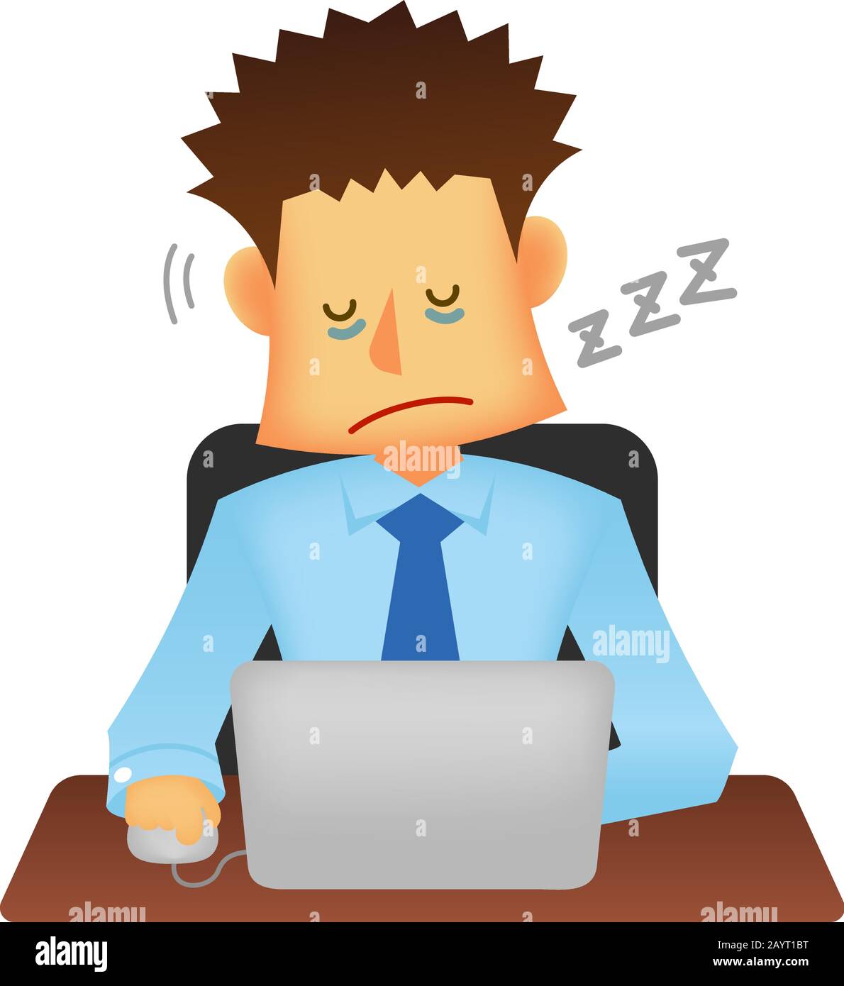 Uomo d'affari che dorme stanco al lavoro. (Sindrome da apnea nel sonno). Illustrazione vettoriale piatta (uomo d'affari giovane asiatico) Illustrazione Vettoriale