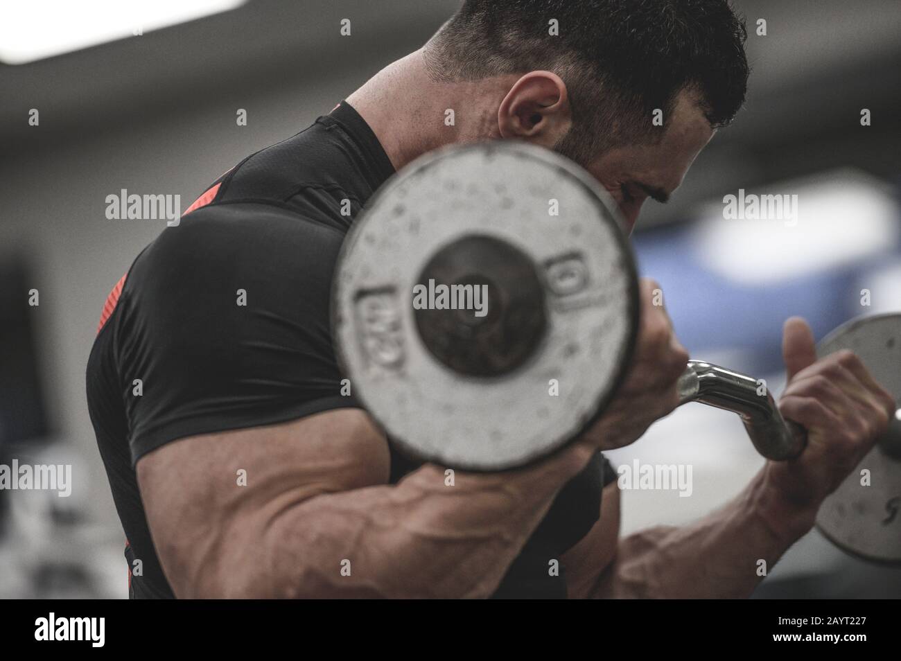 maschio forte giovane in maglia nera allenando muscolo bicipite con piccola barbell Foto Stock