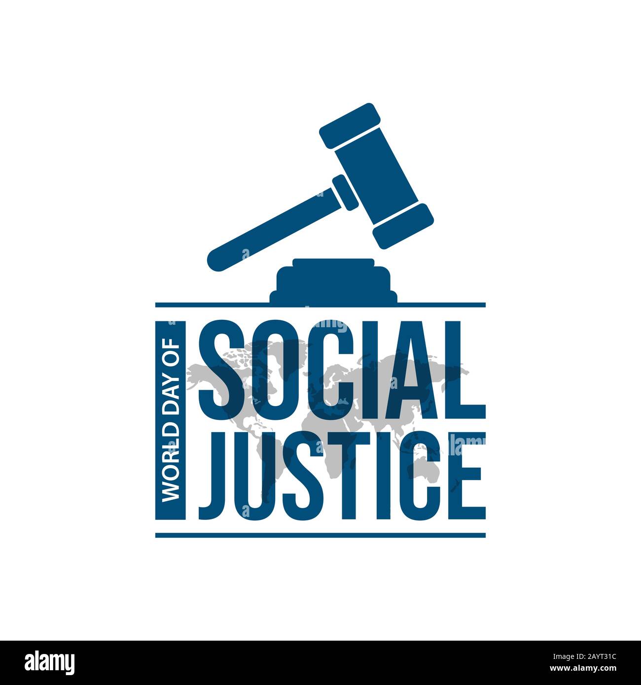 Giornata mondiale giustizia sociale il 20 febbraio tipografia immagine vettoriale. Giornata mondiale della giustizia con martello di giustizia icona tipografia scritta logo v Illustrazione Vettoriale