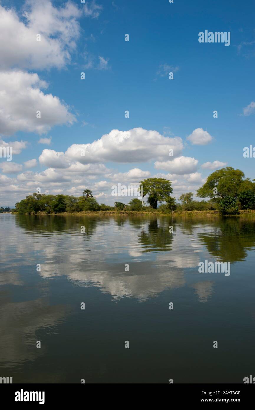 Paesaggio africano lungo il fiume Shire nel Parco Nazionale di Liwonde, Malawi. Foto Stock