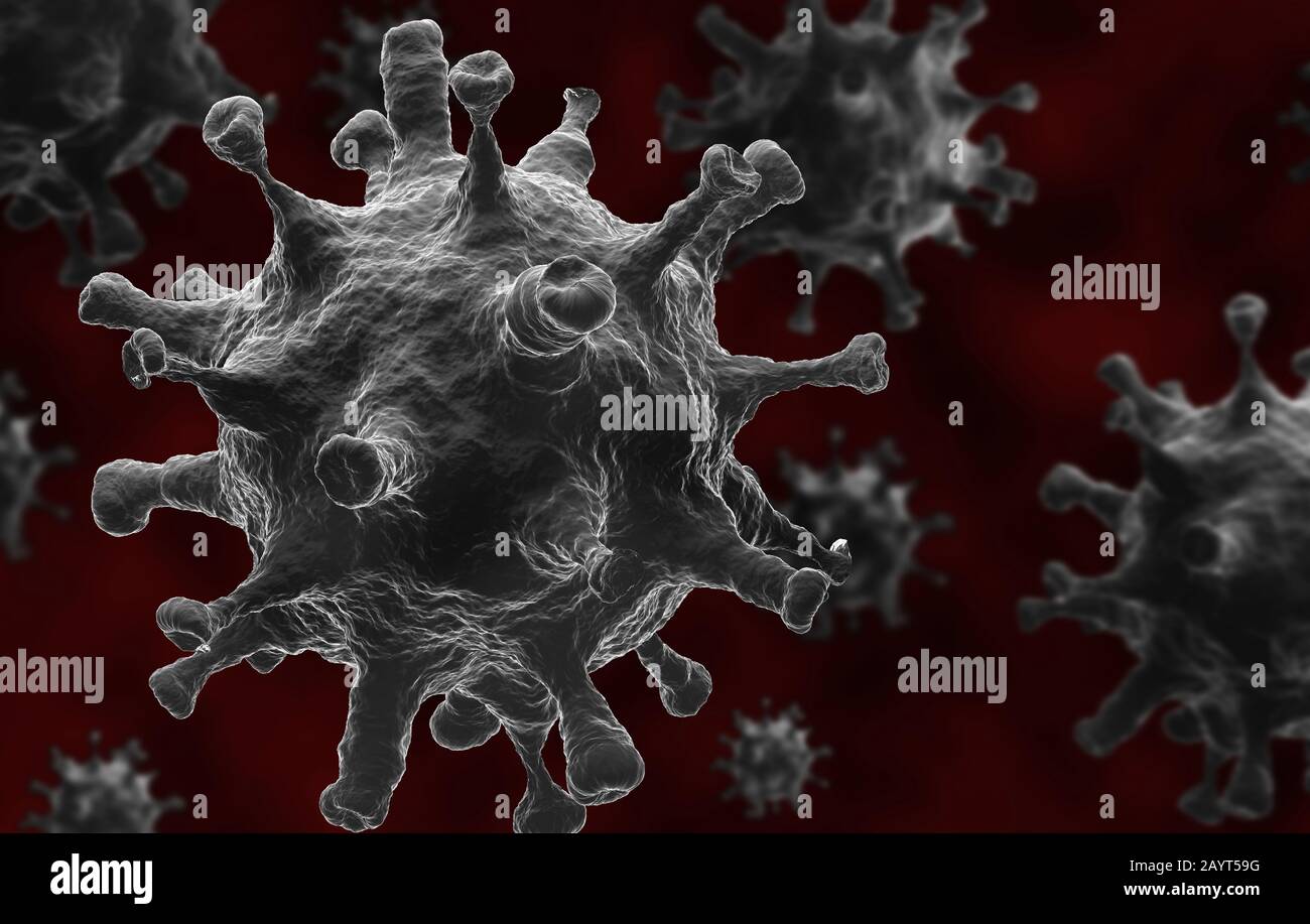 Cellule della malattia di coronavirus, resa 3D. Il nuovo Focolaio di infezione da Coronavirus (COVID-19) del 2019 si verifica da Wuhan, Cina Foto Stock