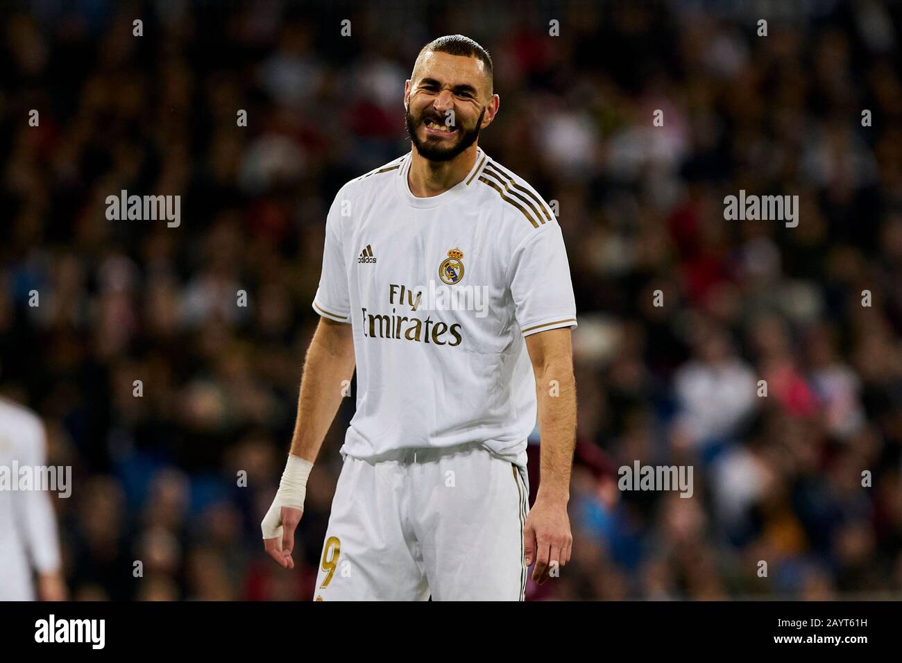 Karim Benzema del Real Madrid reagisce durante la partita di la Liga tra il Real Madrid e la RC Celta de Vigo allo stadio Santiago Bernabeu di Madrid.(punteggio finale; Real Madrid 2:2 RC Celta de Vigo) Foto Stock