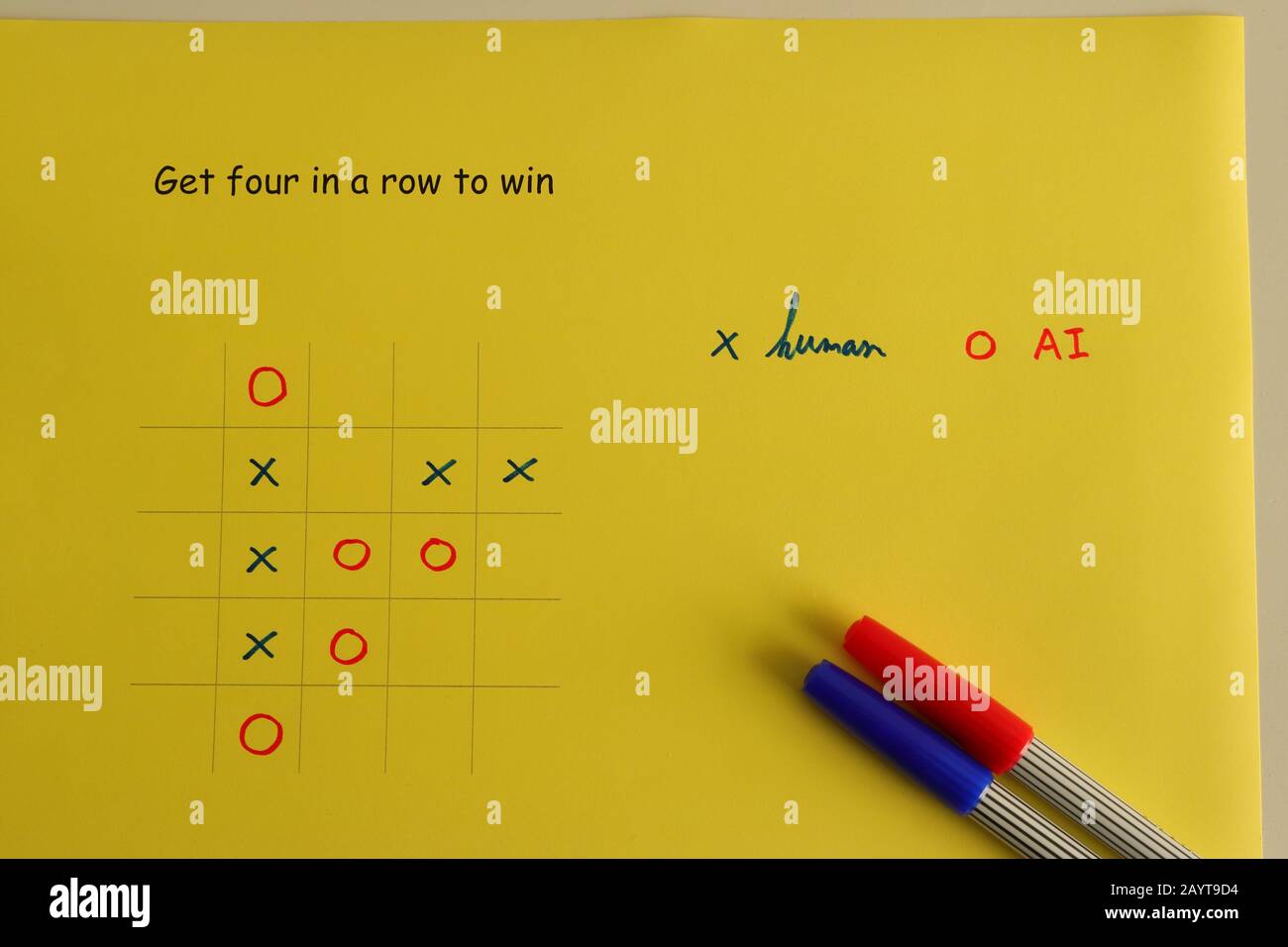 Cartellino giallo con 5x5 TIC tac TOE game concorrenza, umano vs ai, che vincerà, intelligenza artificiale concetto Foto Stock