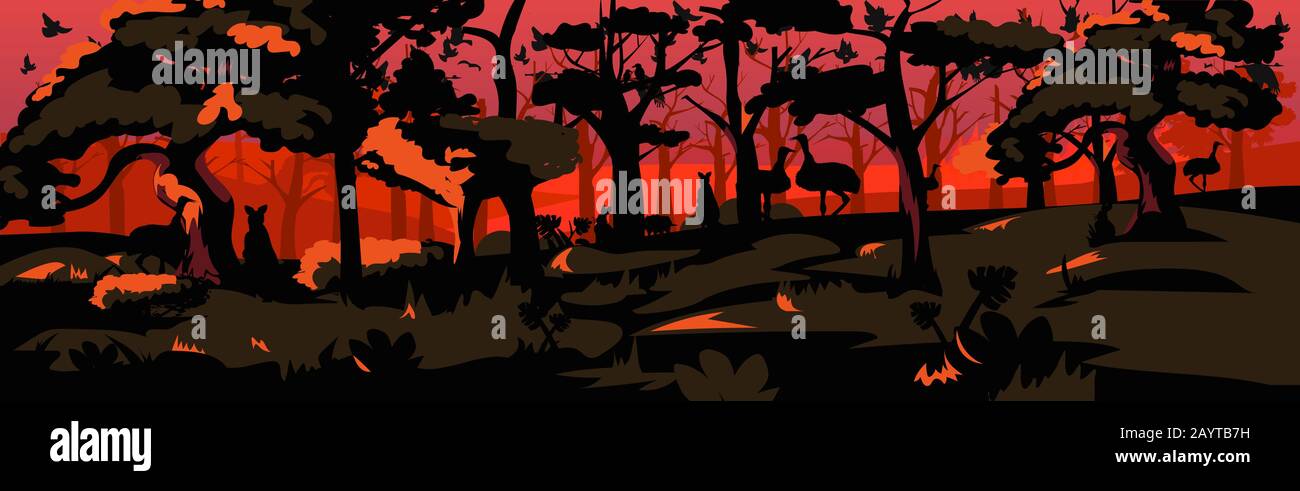 silhouette animali che corrono da incendi boschivi in australia wildfire bush bruciando alberi disastro naturale concetto intenso arancione fiamme orizzontale vettore illustrazione Illustrazione Vettoriale