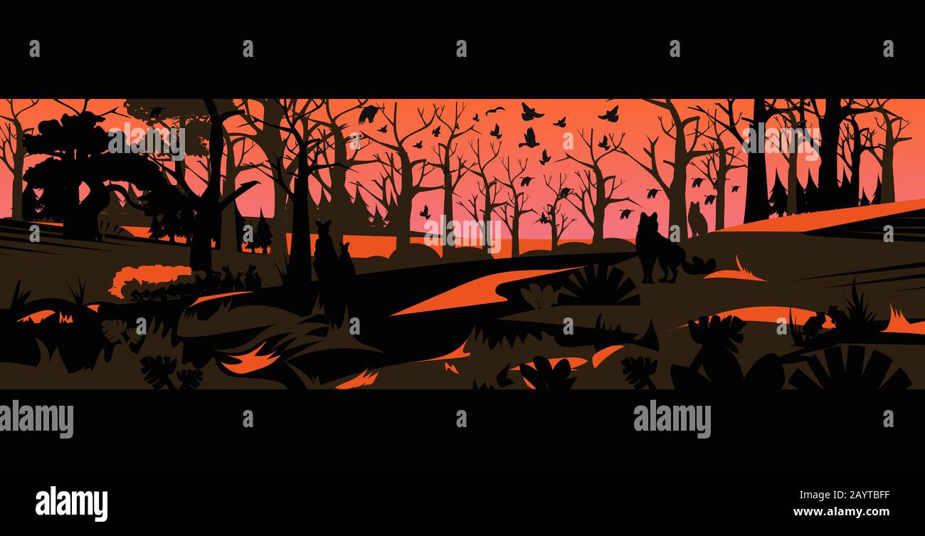 silhouette di animali che sfuggono da incendi boschivi in australia wildfire bush bruciando alberi disastro naturale concetto intenso arancione fiamme orizzontale vettore illustrazione Illustrazione Vettoriale