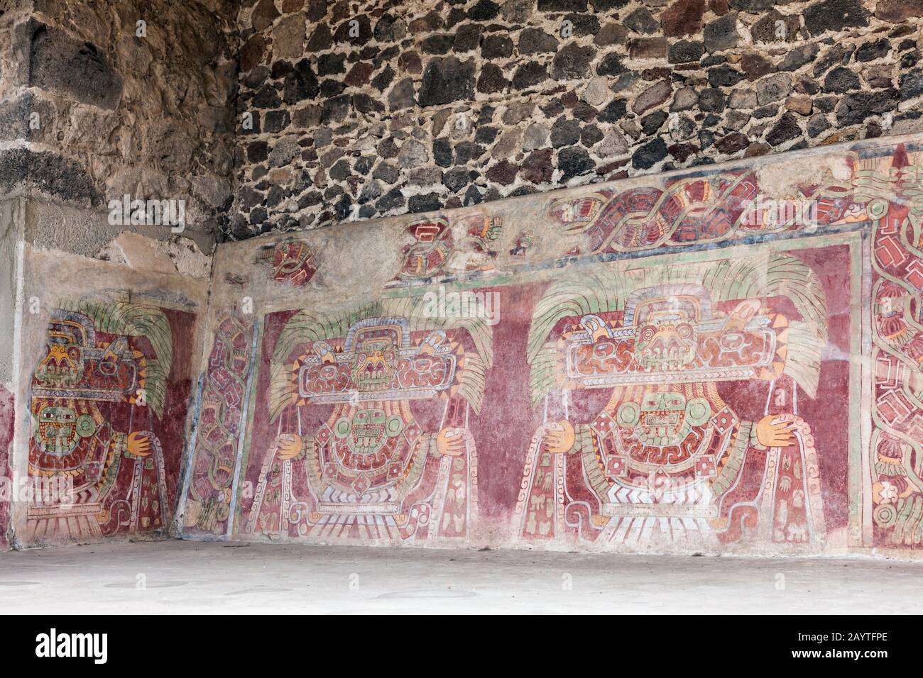 Dipinti murali al Palazzo di Titla, Teotihuacan, sobborgo di Città del Messico, Messico, America Centrale Foto Stock