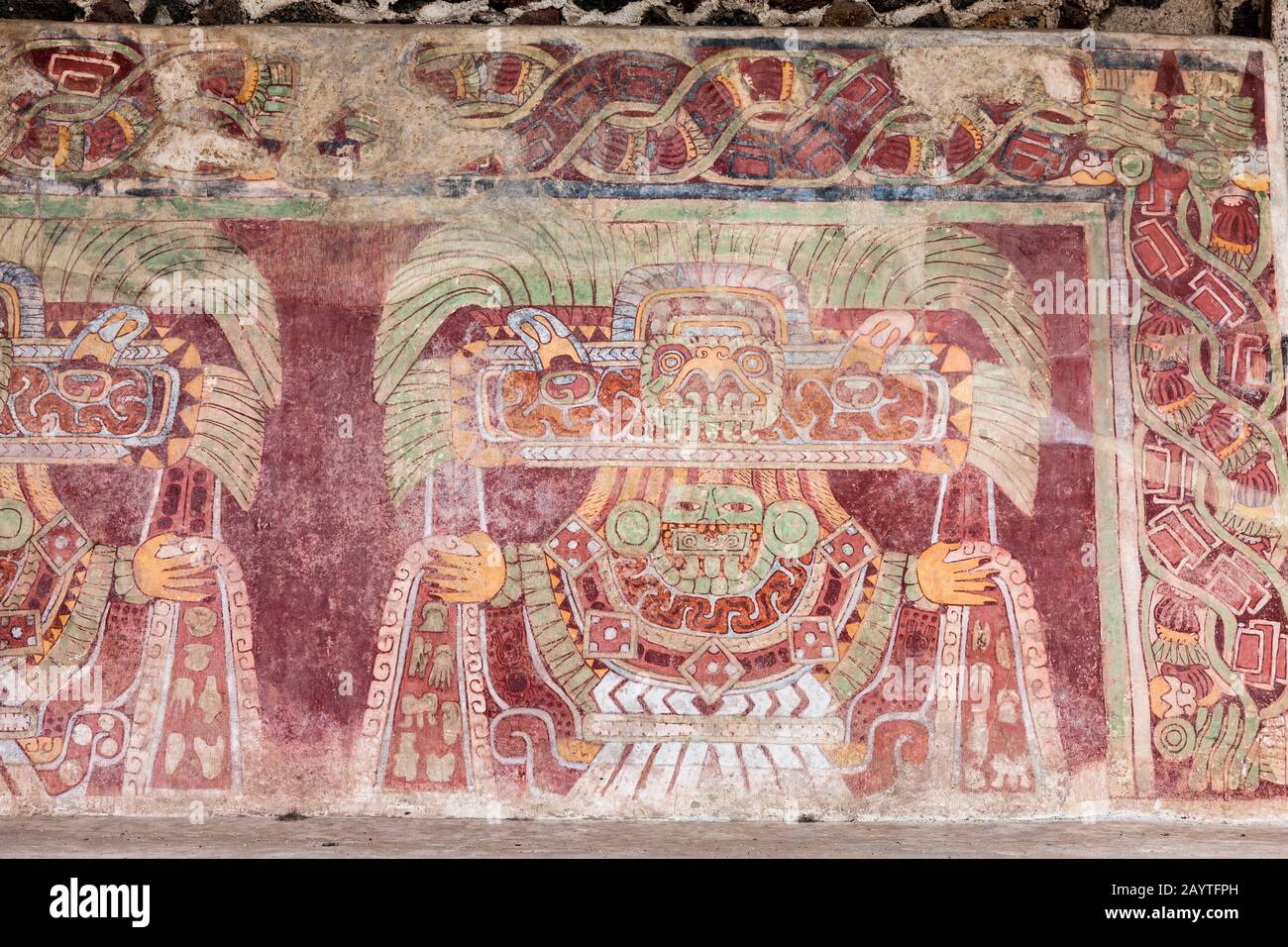 Dipinti murali al Palazzo di Titla, Teotihuacan, sobborgo di Città del Messico, Messico, America Centrale Foto Stock