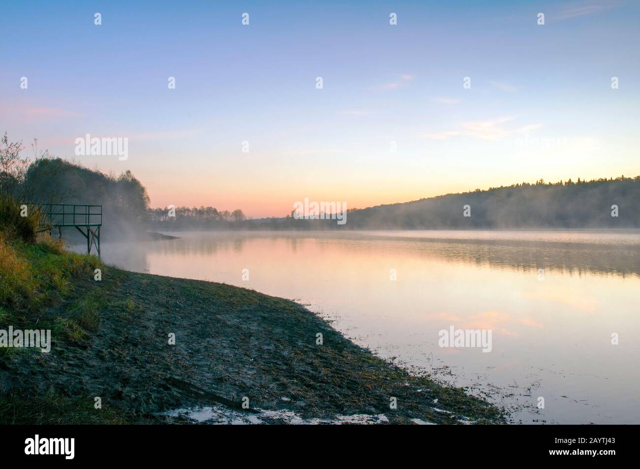 mattina soleggiata sul lago forestale sullo sfondo della foresta Foto Stock