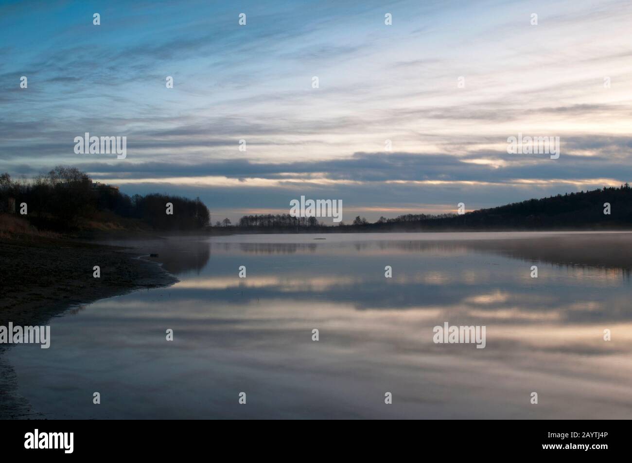 mattina soleggiata sul lago forestale sullo sfondo della foresta Foto Stock