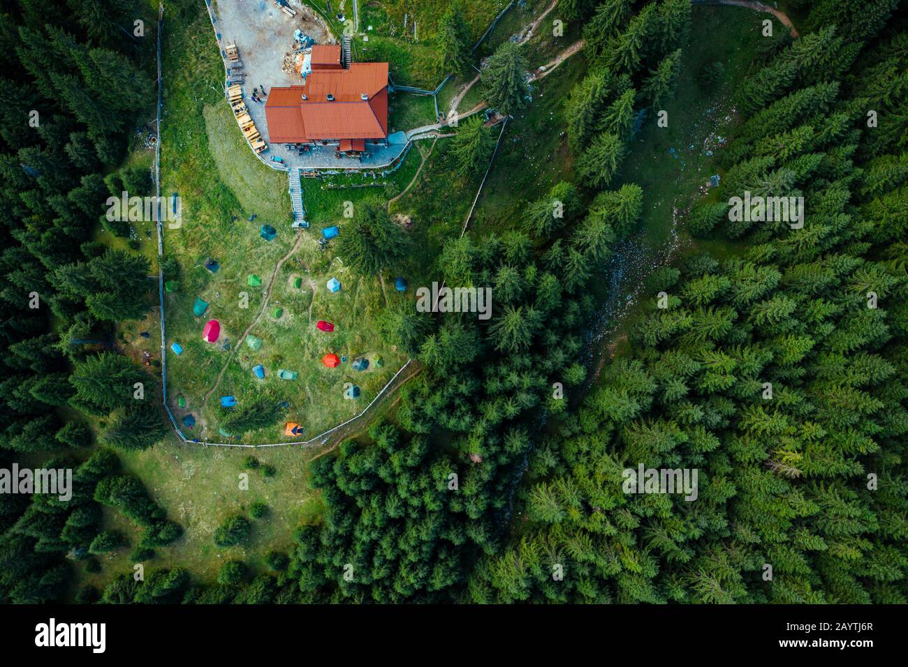 Campeggio con tende viste da un drone nei boschi densi. Foto Stock