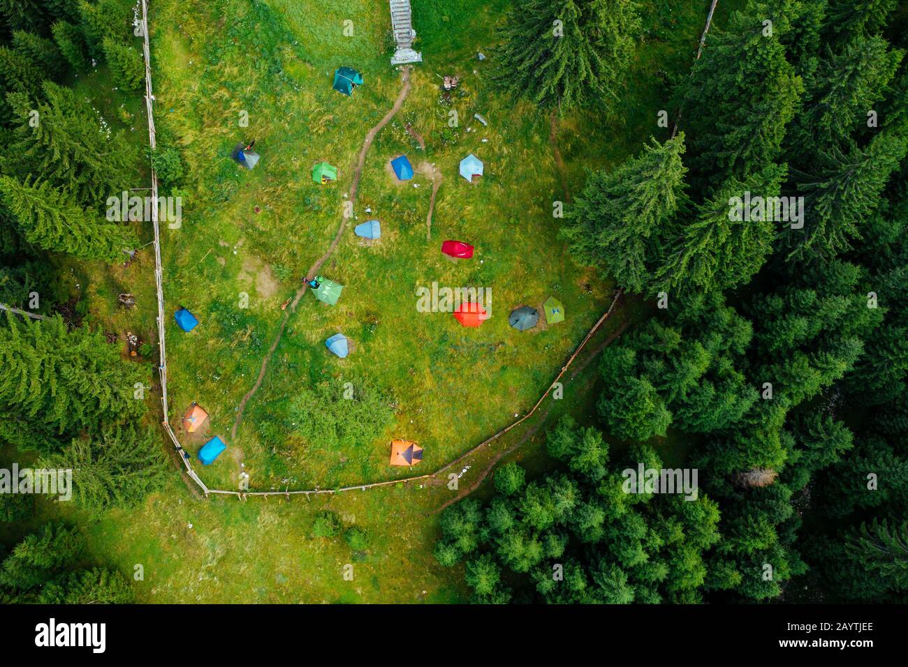 Campeggio con tende viste da un drone nei boschi densi. Foto Stock