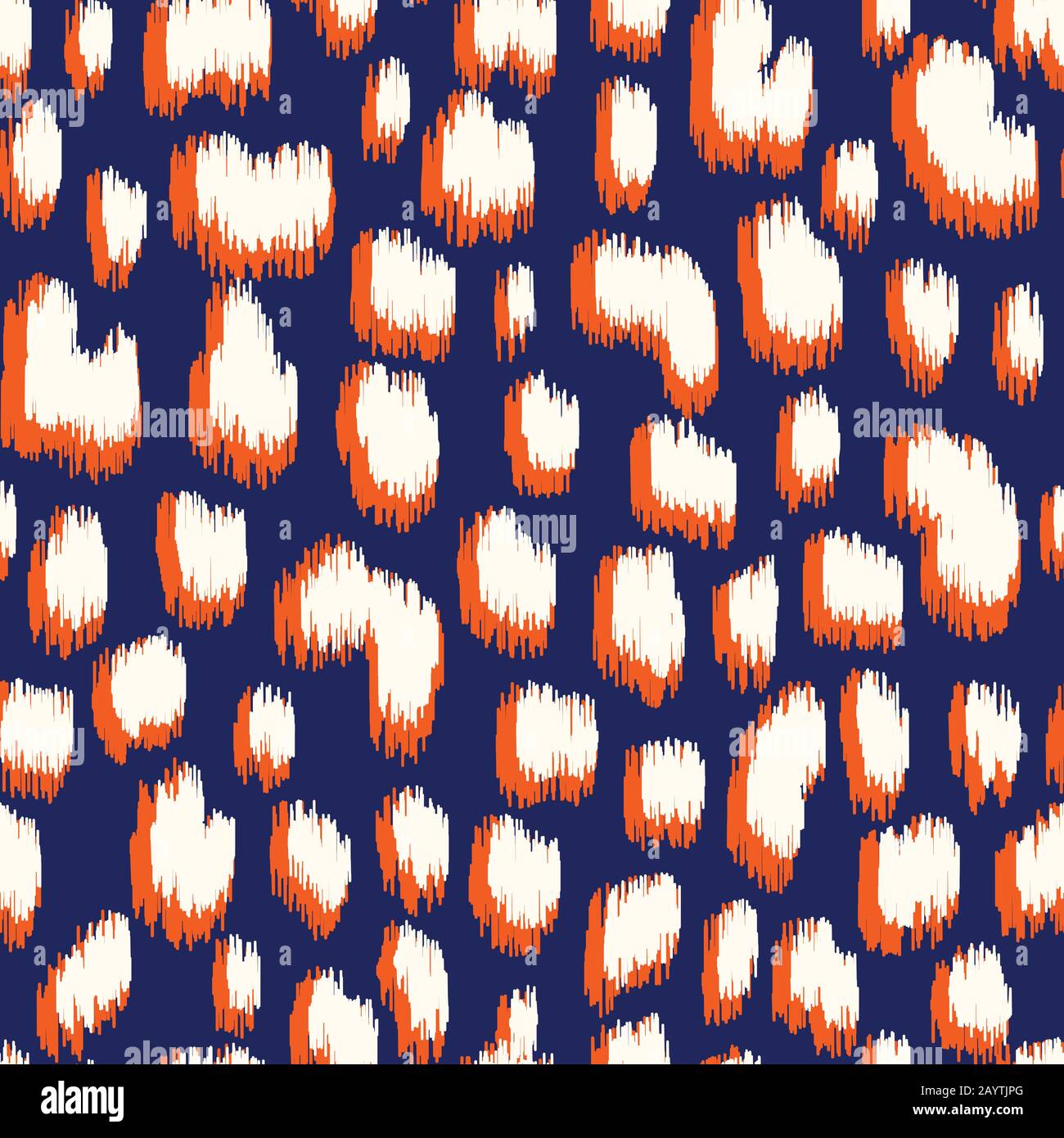 Arancione e blu Abstract leopardo Puntered Ikat Spot Animal Skin Vector Seamless Pattern. Frammenti organici Texture Illustrazione Vettoriale