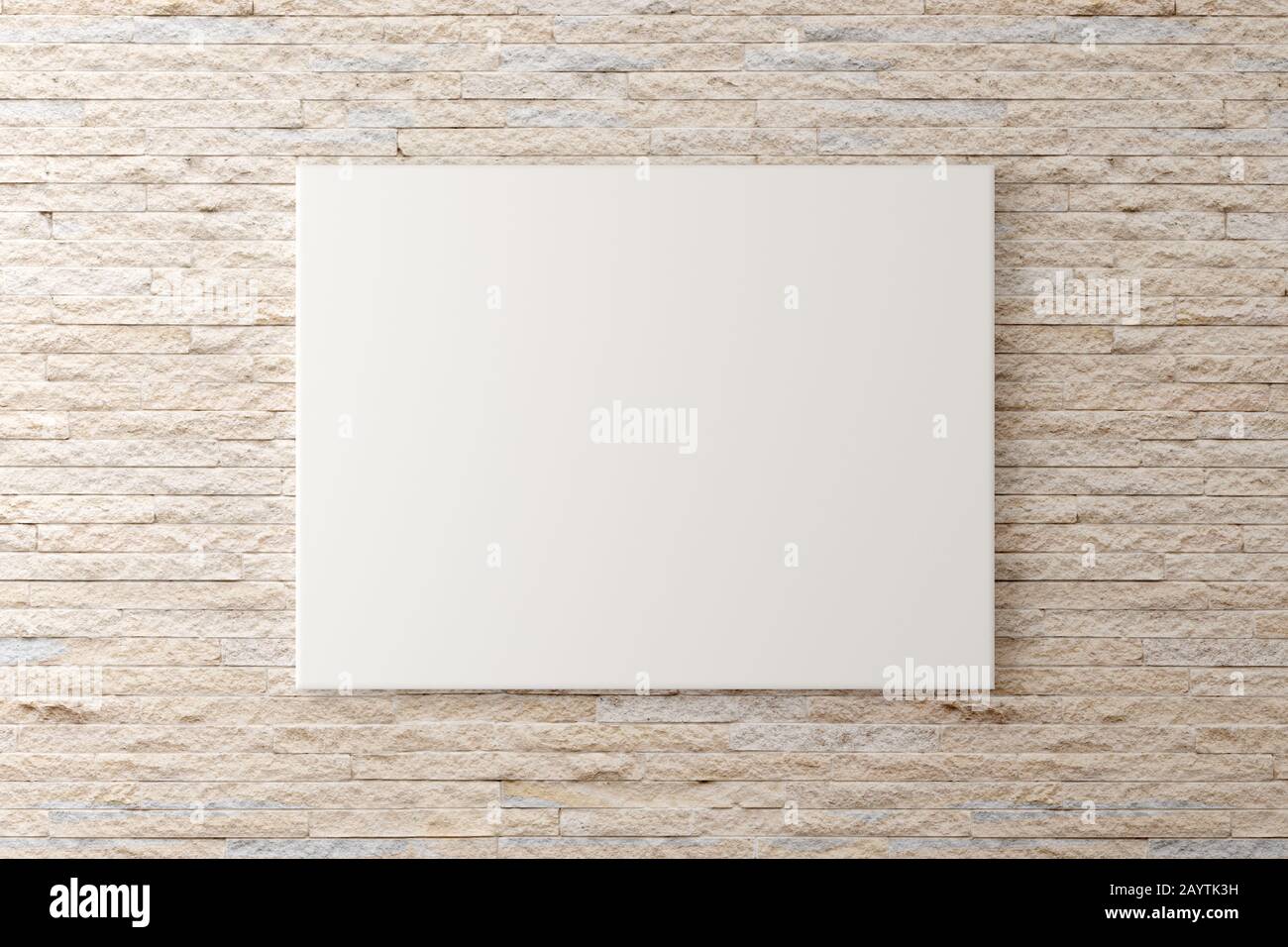 Immagine vuota cornice tela appesa su muro di pietra mattone con spazio di copia - portfolio, galleria o modello di illustrazione mock up - 3D illustrazione Foto Stock