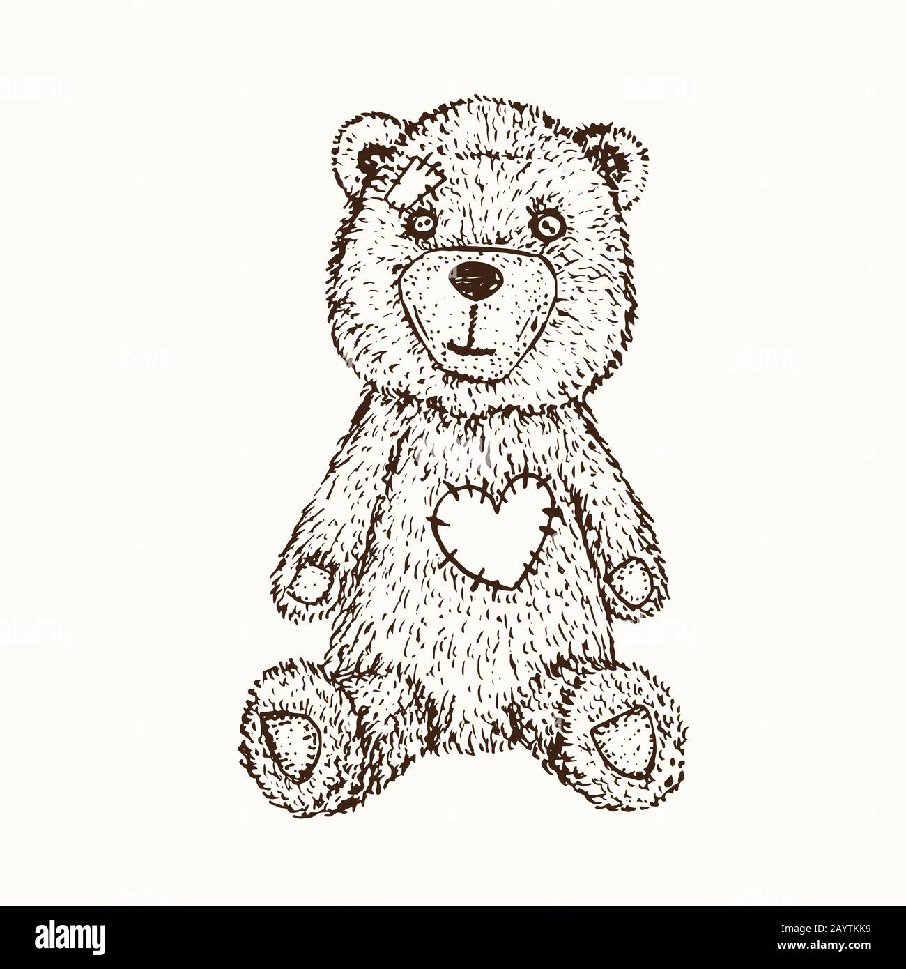 Orsacchiotto con toppa a forma di cuore, schizzo di doodle disegnato a mano, illustrazione del contorno isolata Foto Stock