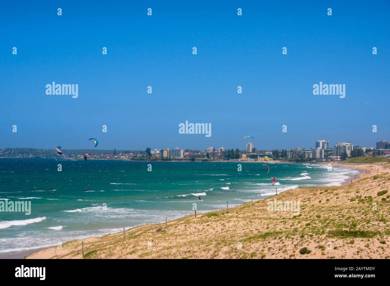 Panoramica spiaggia paesaggio con colorati kite surfisti, aquiloni paracadute e la città in lontananza. Attività estive, lifestyle. Spiaggia di Cronulla, Foto Stock