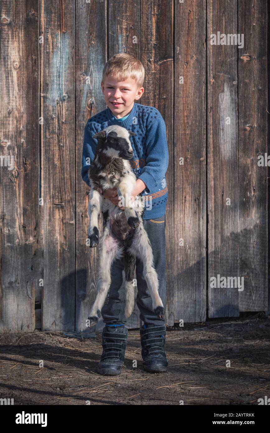 Villaggio di Krastava, montagne di Rhodope / Bulgaria : Ritratto di piccolo ragazzo abbraccio agnello nella fattoria. Foto Stock