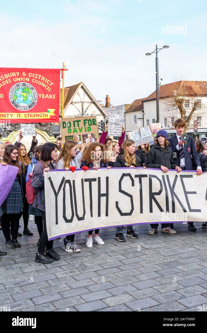 I bambini delle scuole in un piccolo sciopero dei giovani per la dimostrazione del cambiamento climatico che tiene la loro bandiera e cartelloni Foto Stock