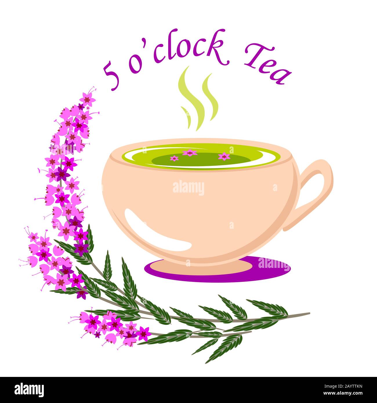 Cinque o orologio vettore di tè illustrazione con una tazza di tè e alcune piante eriche Illustrazione Vettoriale