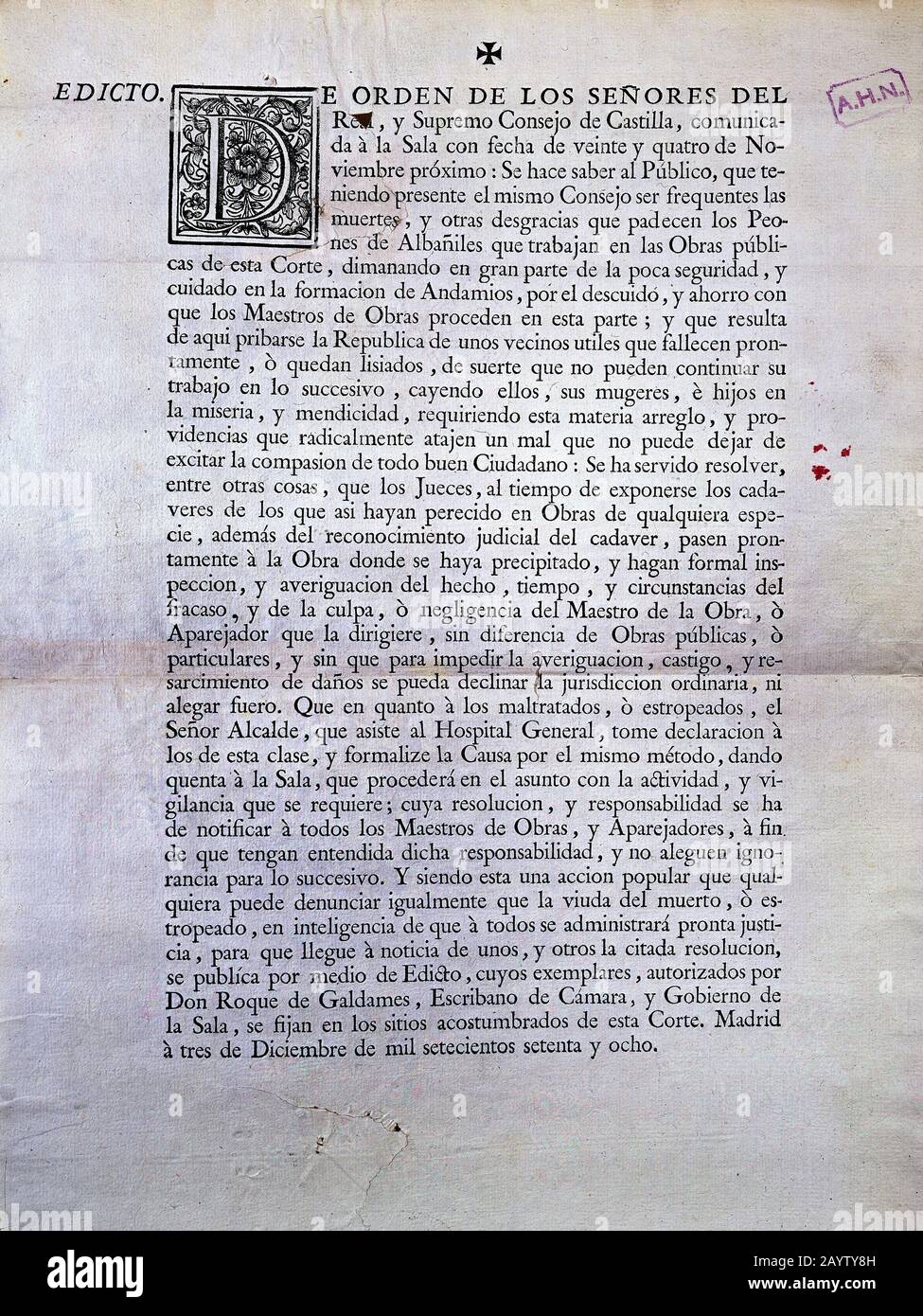 EDICTO PARA AVERIGUAR LAS DESGRACIAS DE LAS OBRAS - 1778. LOCATION: ITALY. MADRID. SPAGNA. Foto Stock