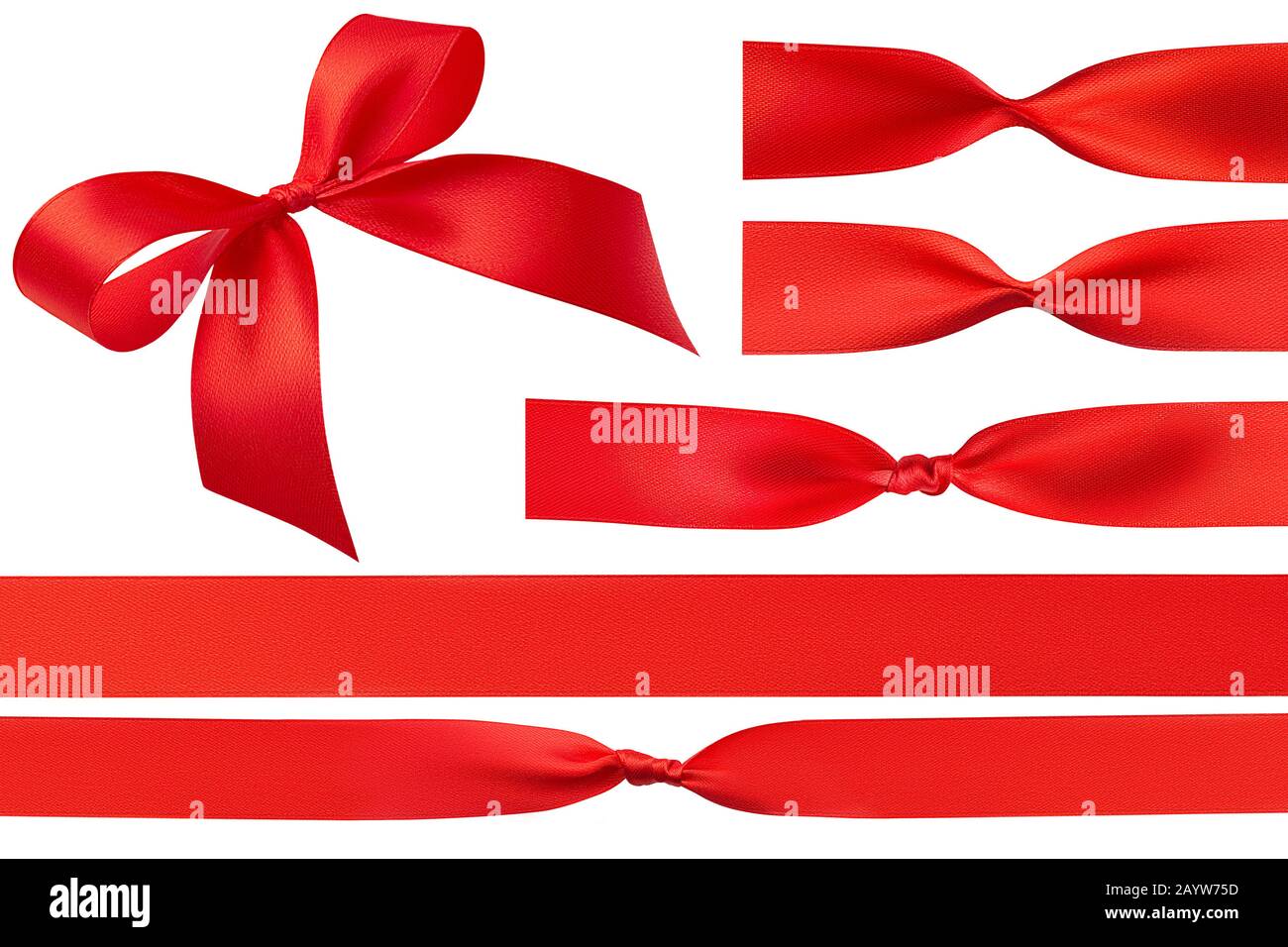 Vista laterale di un semplice arco rosso brillante e semplice fatto a mano e  di un set di nastro regalo rosso satinato e quattro tipi di nodi isolati su  uno sfondo bianco