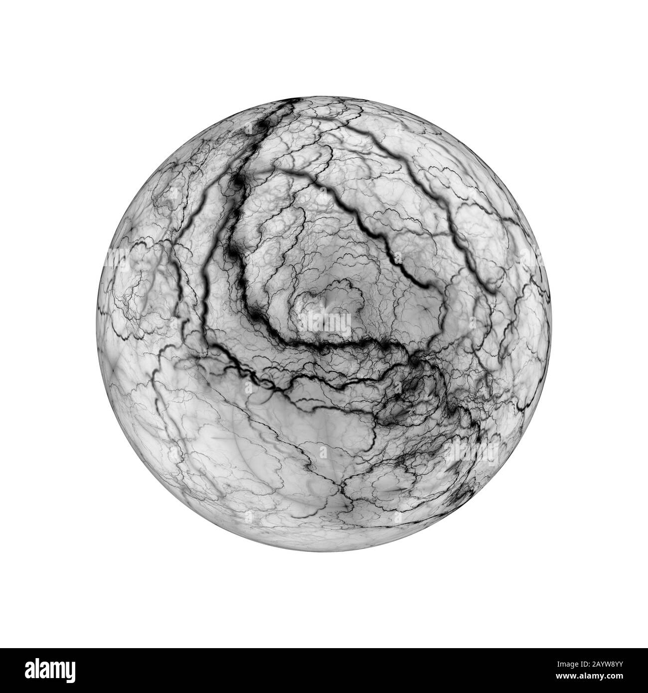 Sfera di energia scura effetto fulmine isolato bianco e nero, computer generato mappa astratta di intensità, rendering 3D Foto Stock
