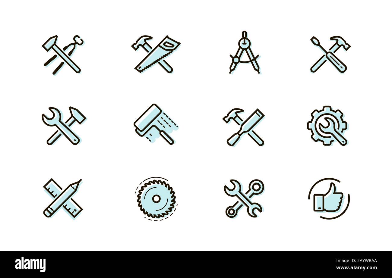 Set di icone degli strumenti. Industria, edilizia, simbolo di riparazione. Vettore Illustrazione Vettoriale