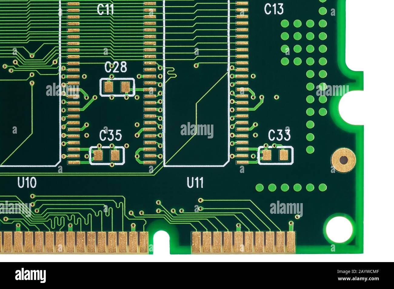 Scheda di circuito di un modulo di memoria per un computer, senza componenti, primo piano Foto Stock
