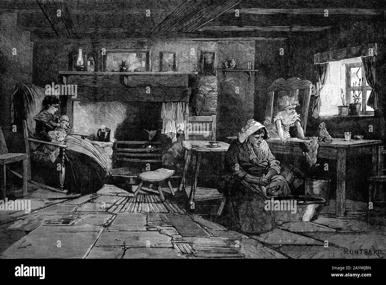 Un cottage di pescatori nell'Isola di Man, alla fine del 19th Secolo. La flotta di pesca Manx risiedeva prevalentemente sulla costa occidentale e sud-occidentale e si concentrava principalmente sulle aringhe. Il gatto è della specie 'Rumpy', discendente di un sopravvissuto di un relitto spagnolo Armada. Foto Stock