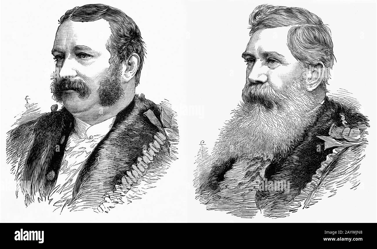Ritratti dello Sheriff di Londra, Alderman Hanson (a sinistra) e Sheriff Ogg di Middlesex (a destra) nominato circa 1881. Eletto annualmente per la città di Londra dai Liverymen della città Livery Companies. Storicamente, i titolari di responsabilità giudiziarie hanno avuto importanti responsabilità giudiziarie. Hanno partecipato ai Justices presso la Corte penale Centrale, Old Bailey, dal suo ruolo originale come la Corte per la Città e Middlesex. Foto Stock
