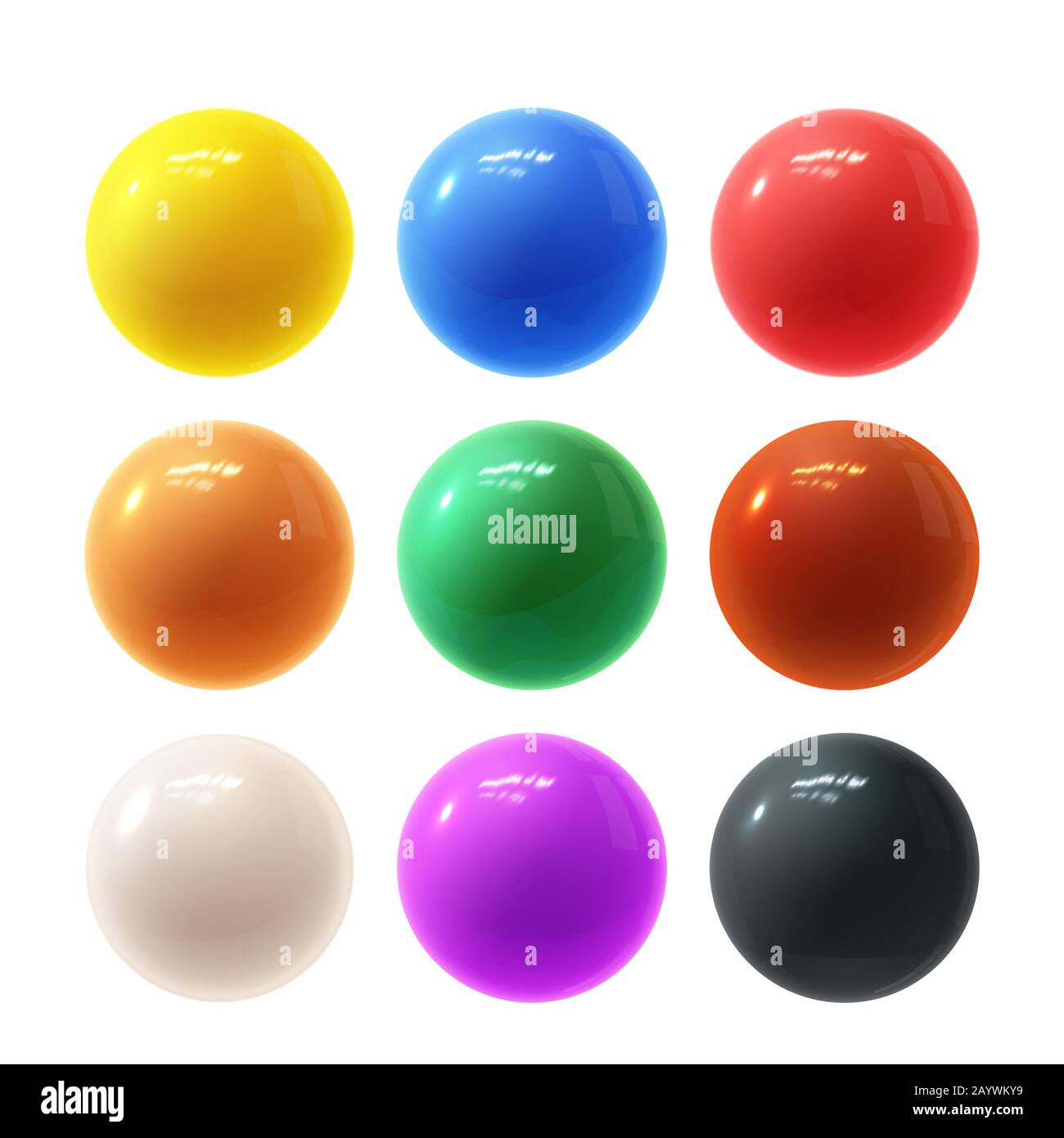 Realistico e moderno set vettoriale di coloratissime sfere in plastica lucida con riflessi luminosi Illustrazione Vettoriale
