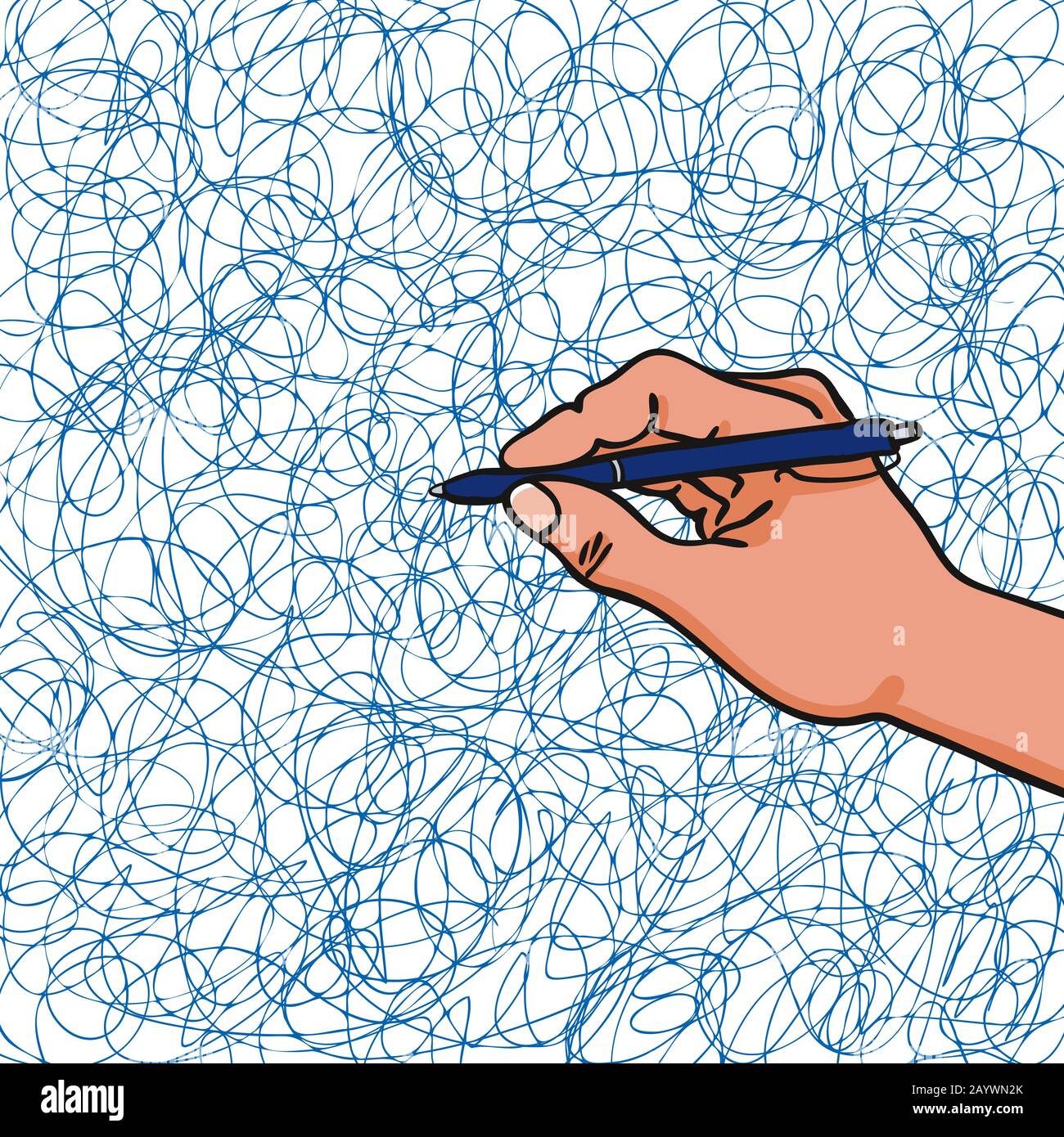 Mano che tiene una penna che scarabocchiano i doodles caotici in linee blu su tutta la pagina che mostra confusione emotiva e caos-mano-disegnato illustrazione vettoriale Illustrazione Vettoriale