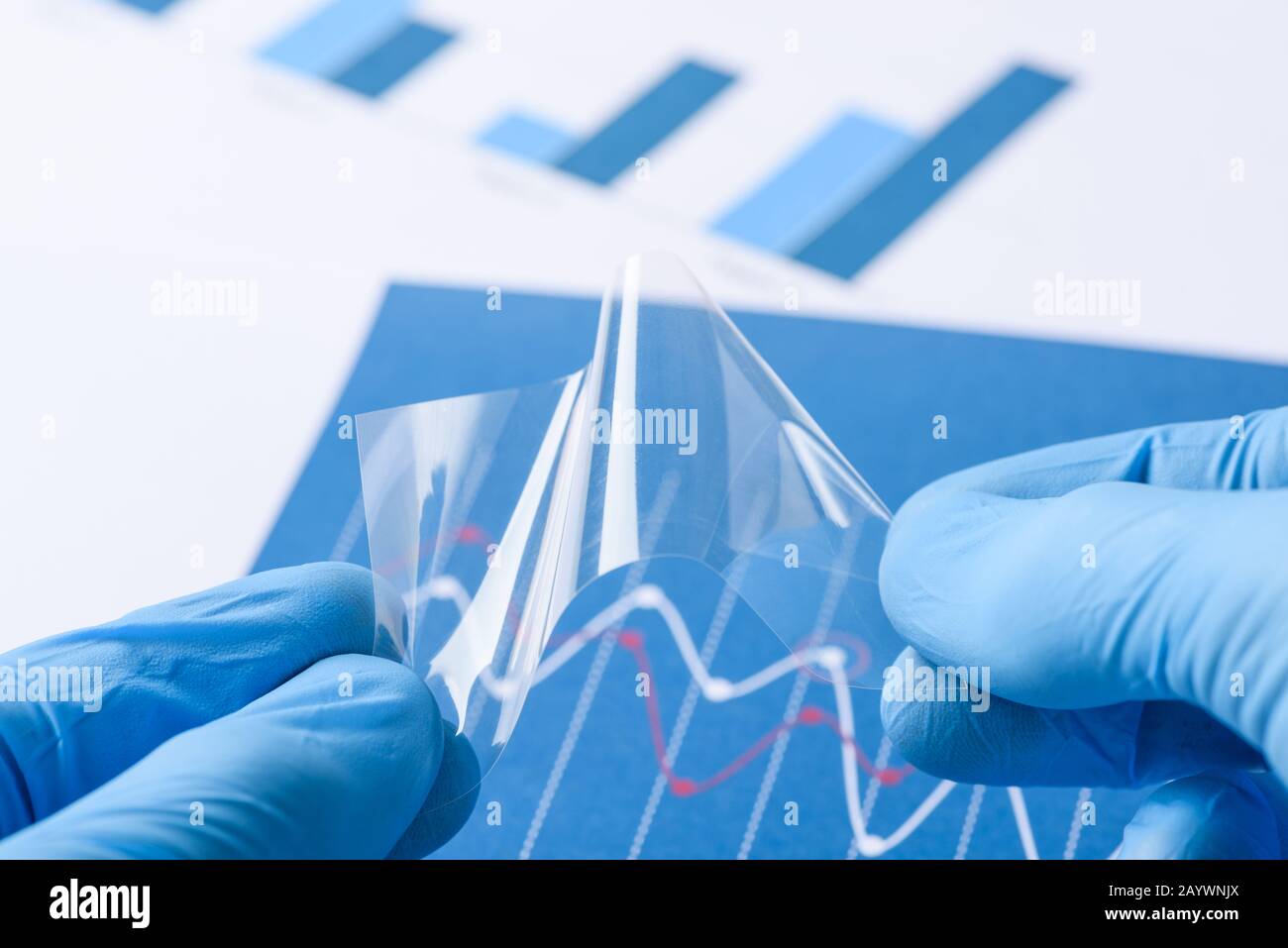 Lo scienziato mostra in laboratorio un nuovo materiale per pellicola flessibile trasparente Foto Stock