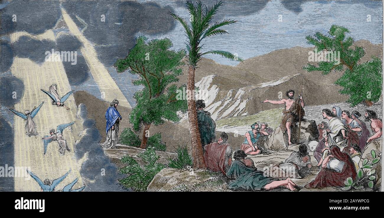Nuovo Testamento. Gesù Cristo con Giovanni Battista. Incisione, 19th secolo. Foto Stock