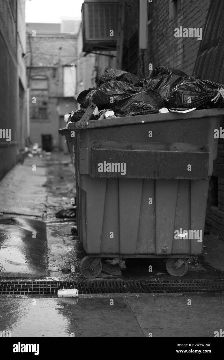 Traboccante immondizia può in un vicolo fatiscente della città in un giorno piovoso. Foto Stock