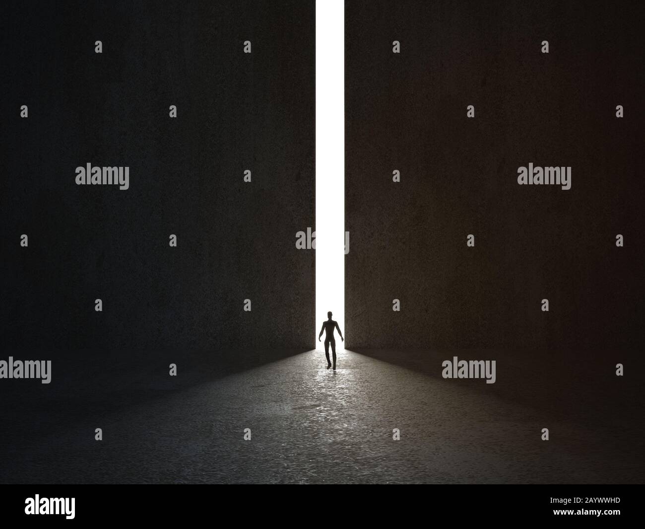 Uomo che cammina in uno stretto passaggio di luce. Concetto di auto-sviluppo, idee, ispirazione e business. Rendering 3D. Foto Stock
