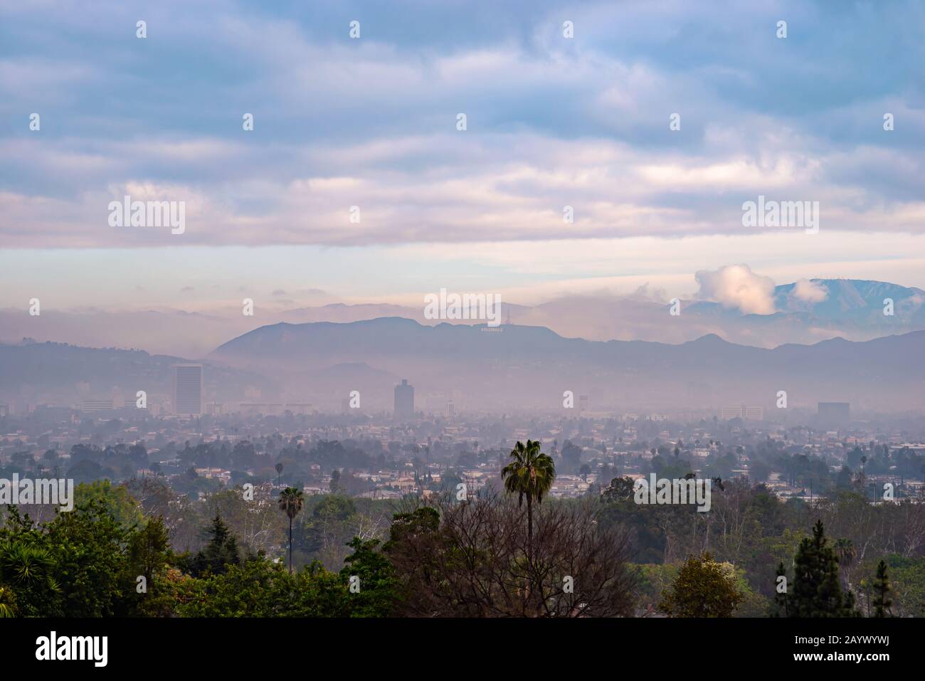 Guardando attraverso il bacino di Los Angeles verso l'insegna di Hollywood, mentre la nebbia mattutina si mescola con il fumo di fuoco selvatico per creare colori inaspettati. Foto Stock
