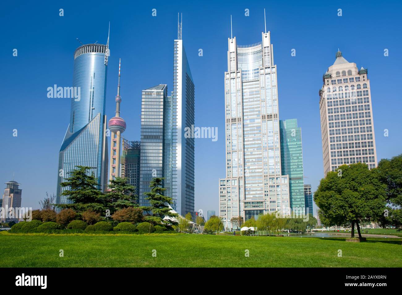 Skyline di uffici nel quartiere finanziario di Lujiazui da Central Greenfield, Pudong, Shanghai, Cina, Asia Foto Stock