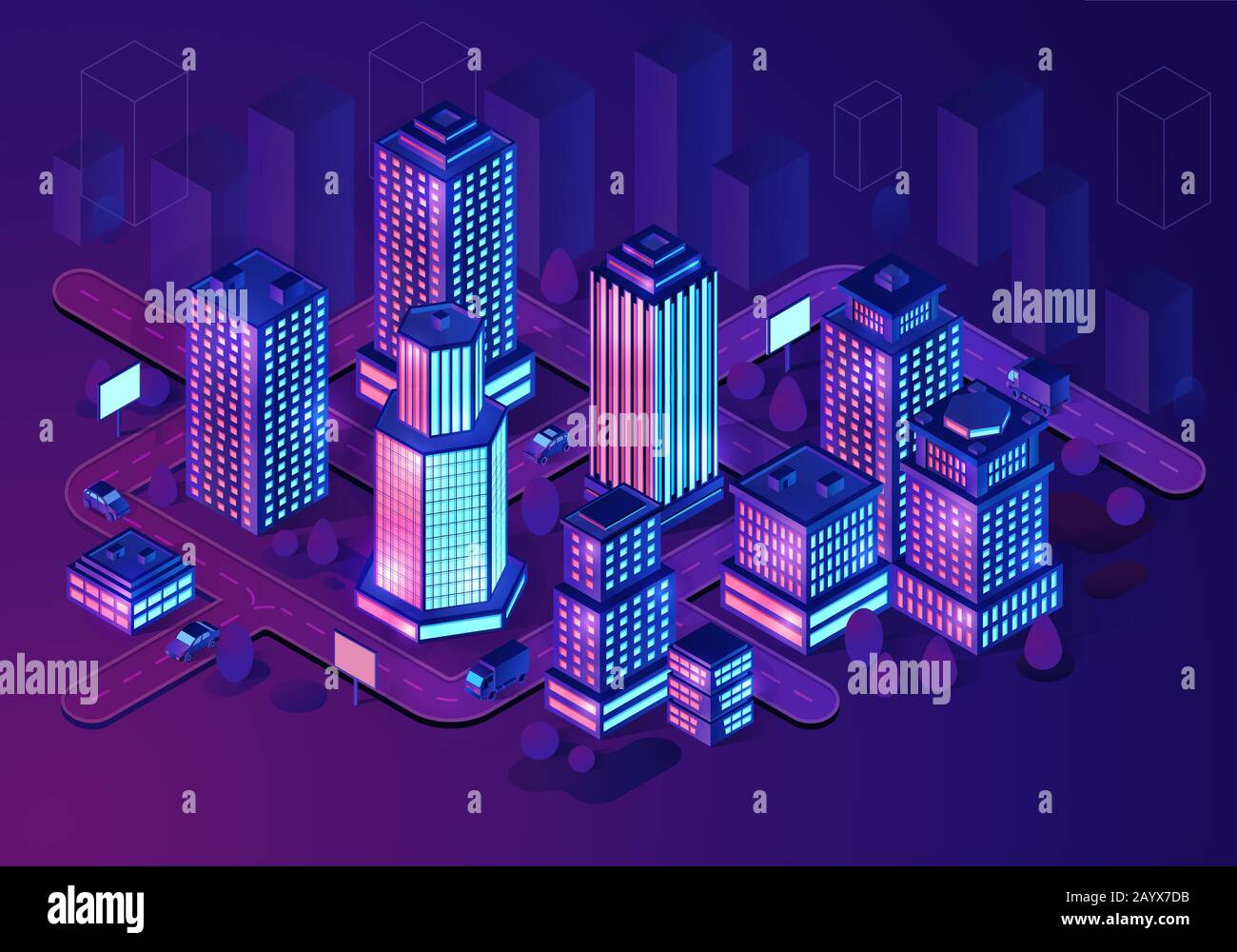 Illustrazione isometrica degli edifici intelligenti. Concetto futuristico di architettura cittadina al neon. Edifici intelligenti. Città intelligente. Mappa moderna della città con grattacielo 3d Illustrazione Vettoriale