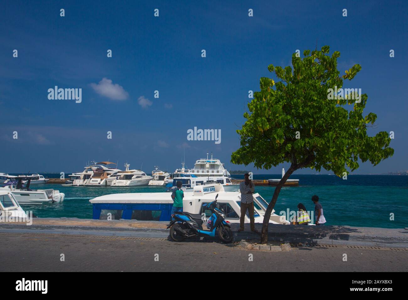 Molo per barche della città di Male e la strada adiacente Foto Stock