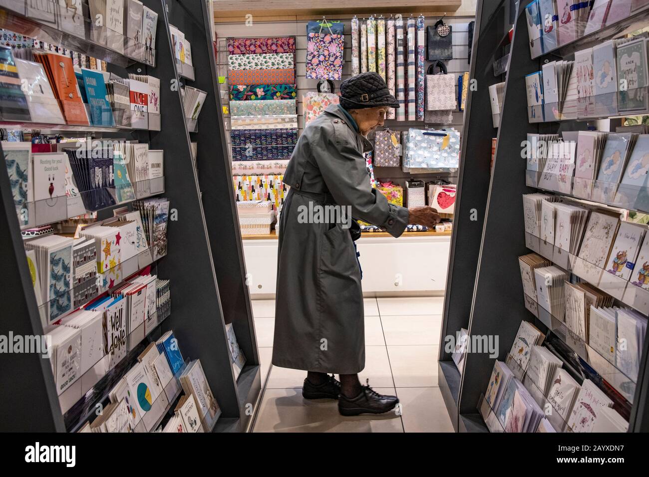 Signora anziana shopping per un biglietto d'auguri all'interno di un grande magazzino, Londra, Inghilterra, Regno Unito Foto Stock