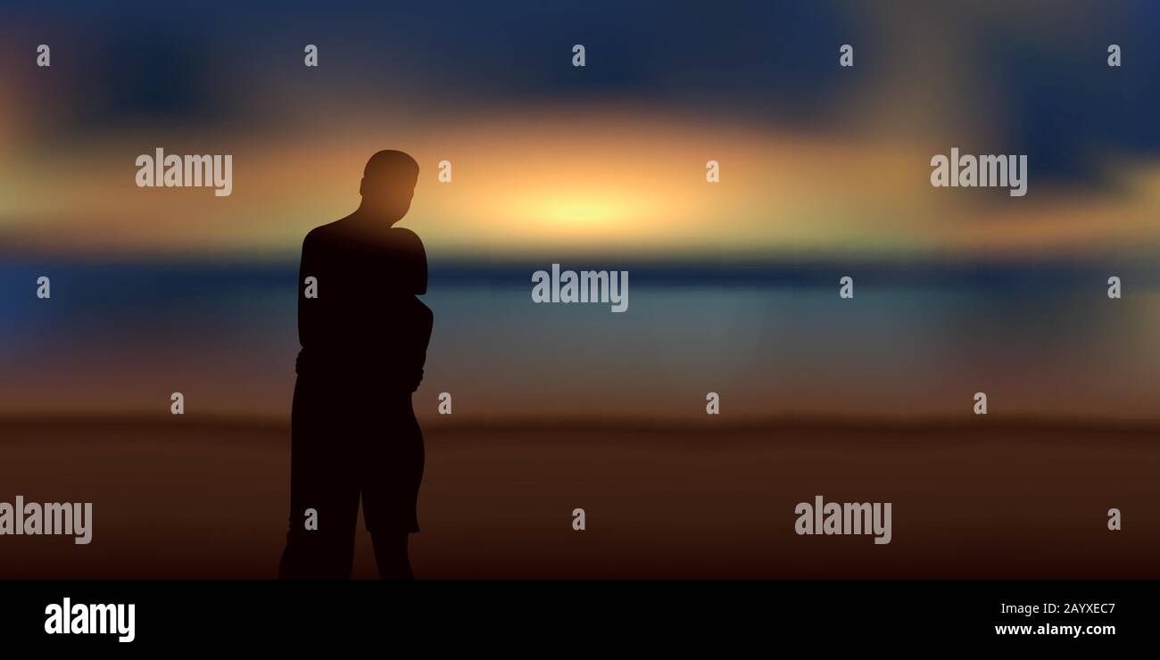 Coppia romantica in amore guardando il tramonto magico sulla spiaggia vettore illustrazione EPS10 Illustrazione Vettoriale